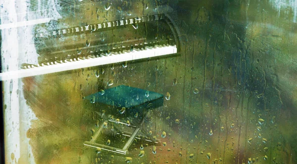 Zongora Ablak Mögött Vízcseppekkel Esős Napon Pihenjen Zenét Utazás Közben — Stock Fotó