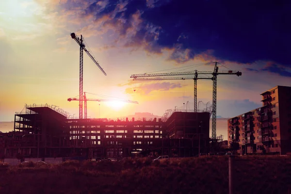 Construction Real Estate Industry Sunset Foundation Structure Houses Cranes Building — Stock Photo, Image