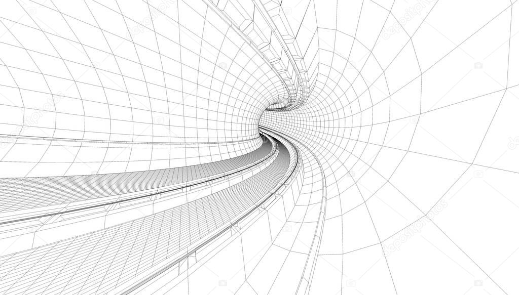 train in a metro station illustrated in wire frame style.3d illustration of tunnel blueprint