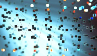 Küpler karanlık uzaya bağlandı. Ortak ve ağ tasarımı. İnternet ve veri iletişimi. Fütürist bilim ve teknoloji konsepti. 3D resim.