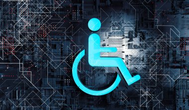 İnternet sitesine ve engelli ve engelli kişilere uygulanan teknolojiye erişim. Tekerlekli sandalye ve teknoloji soyut arka plan 33D resimli erişim simgesi.