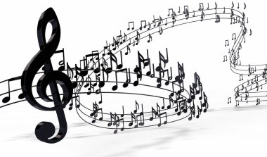 nota ve soyut müzik levha müzik belirtileri 3D çizimi. Müzik arka plan tasarımı. Müzik beyaz bitti izole yazma.