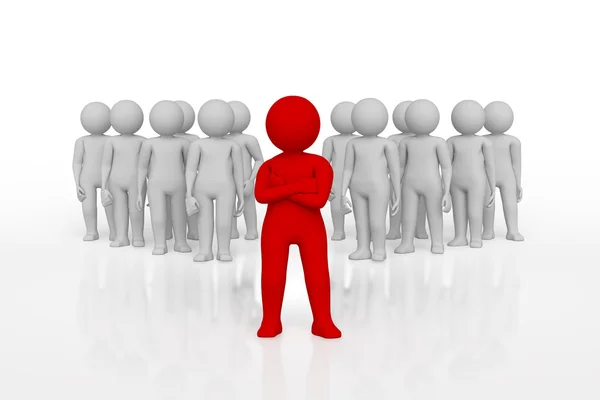Liten person som ledare för ett team med röd färg. 3D-rendering. Isolerade vit bakgrund. — Stockfoto