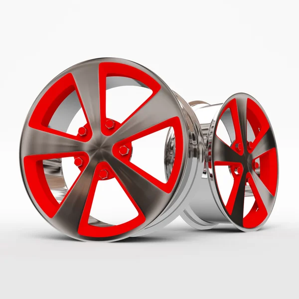 Aluminum wheel image 3D high quality rendering. White picture figured alloy rim for car. Best used for Motor Show promotion or car workshop booklet or flyer design on white background. — Stock Photo, Image