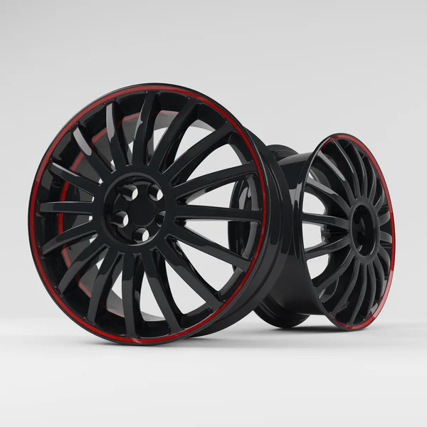 Alumínio preto roda imagem 3D de alta qualidade de renderização. Imagem branca figurou aro de liga para o carro. Melhor usado para promoção Motor Show ou oficina de carro livreto ou design de panfleto no fundo branco . — Fotografia de Stock