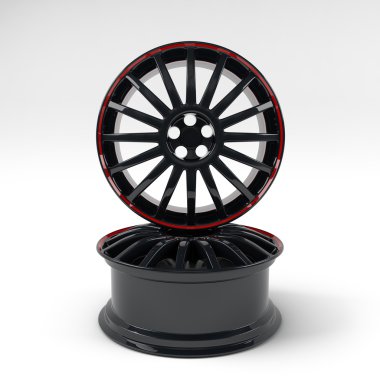 Alüminyum siyah tekerlek görüntü 3d yüksek kaliteli render. Araba için beyaz resim düşündüm alaşım jant. En iyi Motor Show promosyon veya araba atölye kitapçık veya el ilanı tasarımı için beyaz arka plan üzerinde kullanılan.