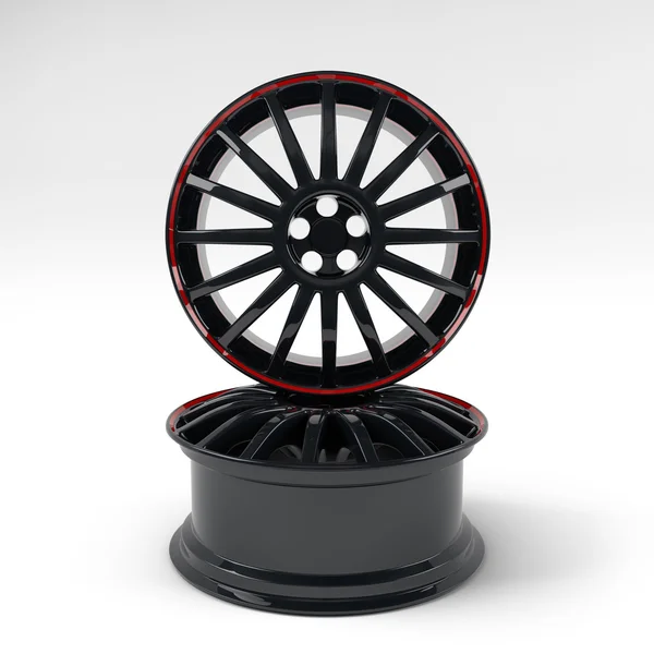 Aluminum black wheel image 3D high quality rendering. White picture figured alloy rim for car. Best used for Motor Show promotion or car workshop booklet or flyer design on white background. — Stock Photo, Image