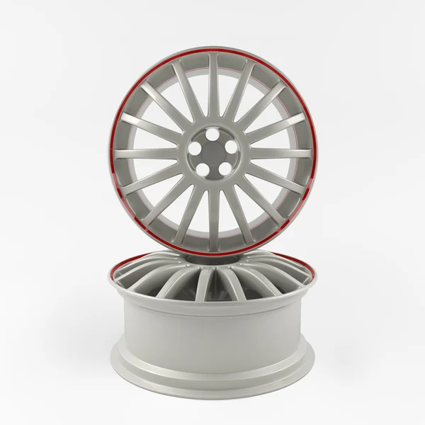 Image de roue blanche en aluminium rendu 3D de haute qualité. Image figuré jante en alliage pour voiture. Idéal pour la promotion du salon de l'automobile ou la conception de livret d'atelier de voiture ou de flyer sur fond blanc . — Photo