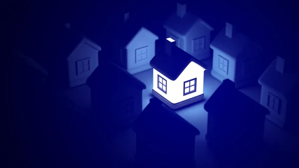 Glowing home on blue background, idea concept. 3d rendering of a lot of houses and a bright house in the middle. — Stock Photo, Image