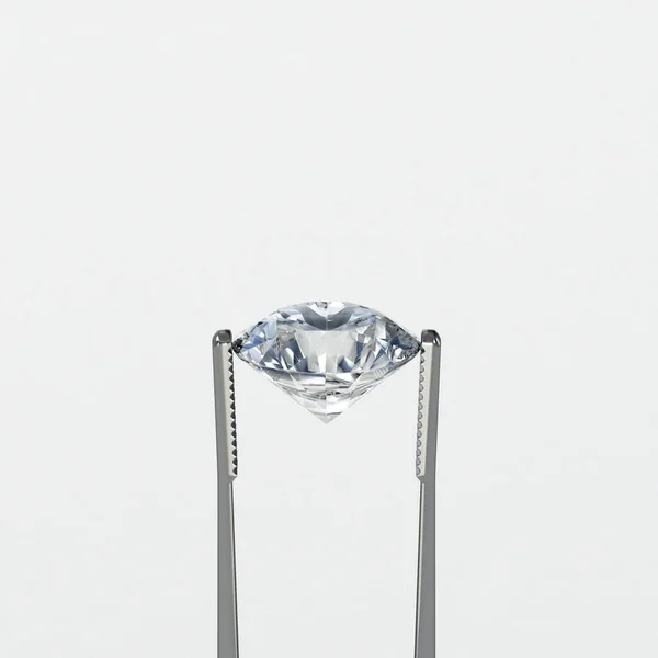 Brilliant cut diamond held by tweezers on white background. Beautiful sparkling shining round shape. Stock Picture