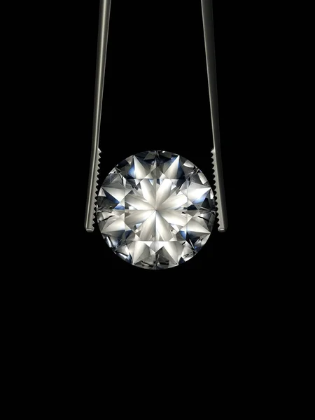 Brillanter geschliffener Diamant, gehalten von einer Pinzette auf schwarzem Hintergrund. Schöne funkelnd glänzende runde Form. lizenzfreie Stockbilder