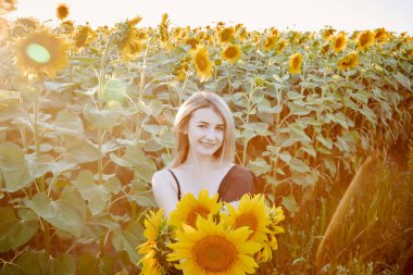 Ayçiçekleri içindeki güzel genç kız gülümsüyor.