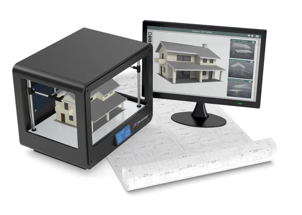 3D-skrivare och husbygge, koncept — Stockfoto