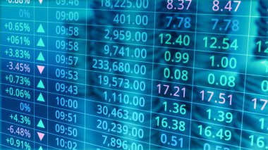 Arkaplanda bozuk para yığınları olan bir borsa veri tablosunun yakın plan görüntüsü (3d görüntüleme))