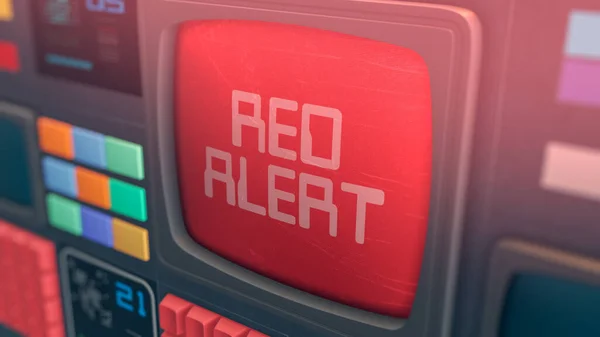 vintage science fiction computer, spaceship control room, red alert message on screen, close-up (3d render)