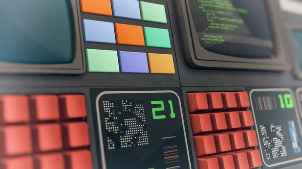 retro futuristic science fiction computer, spaceship control room, programming code on screen, close-up (3d render)