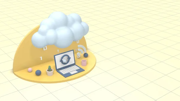 laptop computer with a cloud and icons, concept of cloud computing, copy space (3d render)