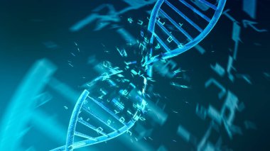 DNA çift sarmalının yakın görüntüsü, etrafta uçuşan tcga harfleri ile DNA hasarı, düzensizlik konsepti veya genetik mutasyon (3d))