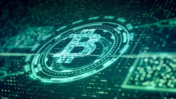 Futuristische Schnittstelle Mit Dem Bitcoin Symbol Konzept Des Bergbaus Kryptowährung — Stockfoto