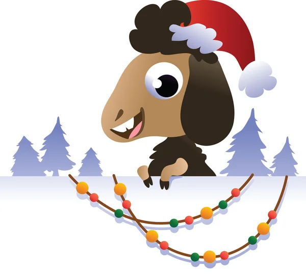 Cute Christmas Sheep in Santa hat on snow background. - Stok Vektor