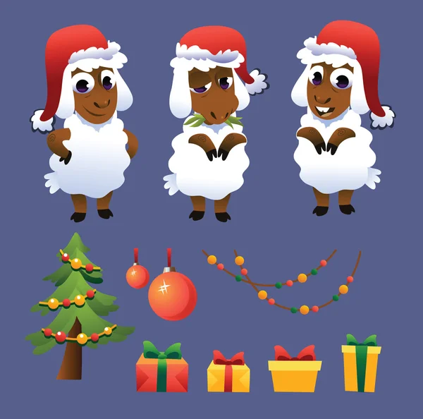 可爱的绵羊，用圣诞树和礼物一套 — 图库矢量图片