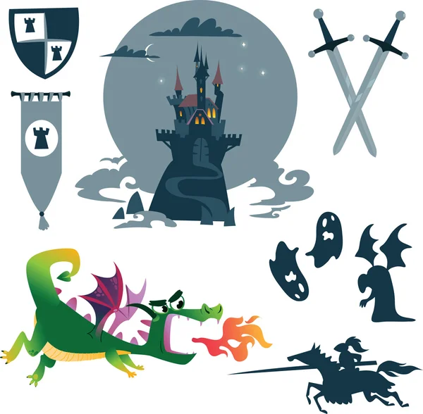 Colección de cuento de hadas de dibujos animados: castillo, dragón, monstruos y w — Vector de stock