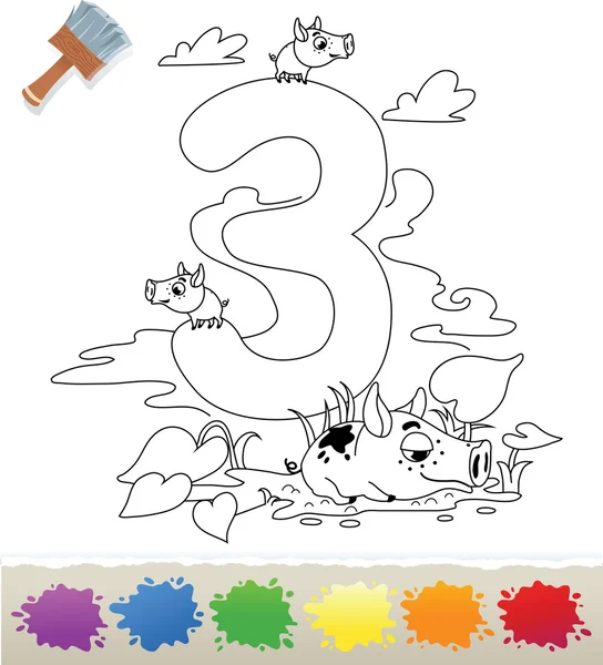 Libro da colorare della collezione per i bambini: Numero 3, Suini — Vettoriale Stock
