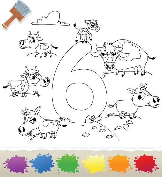 Libro da colorare della collezione per i bambini: Numero 6, mucche — Vettoriale Stock