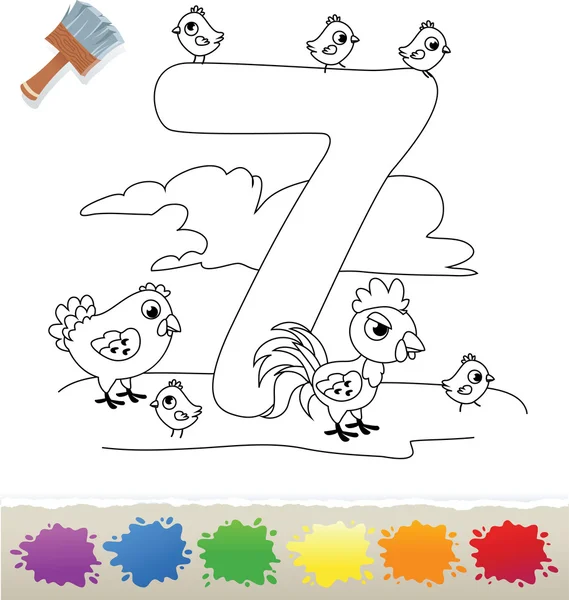 Collection Coloring Book for Kids: Number 7, Chikens — Stock Vector