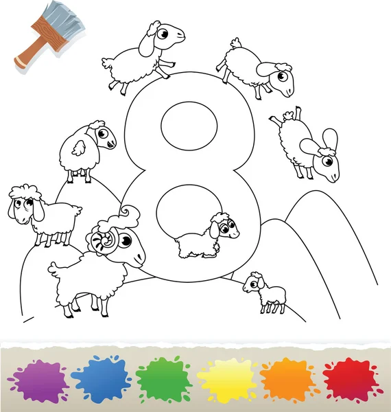 Книга раскраски для детей: номер 8, овцы — стоковый вектор