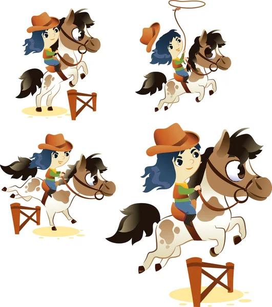 Collection of Cowgirl on Small Horse: Image Isolated on White Ba — Stock Vector