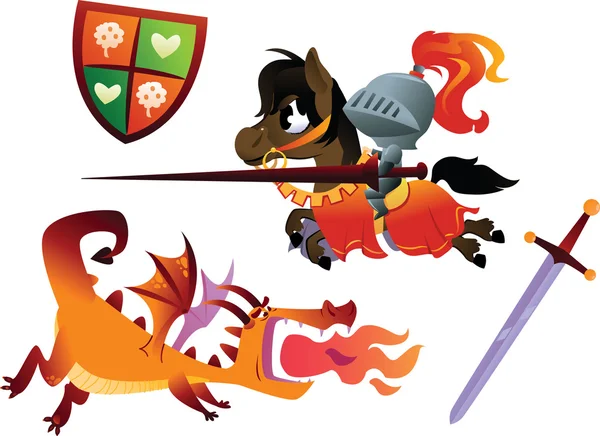 Grappige Knight rijden een paard en Cartoon Dragon — Stockvector