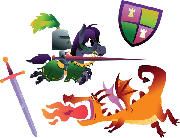 Grappige Knight rijden een paard en Cartoon Dragon — Stockvector