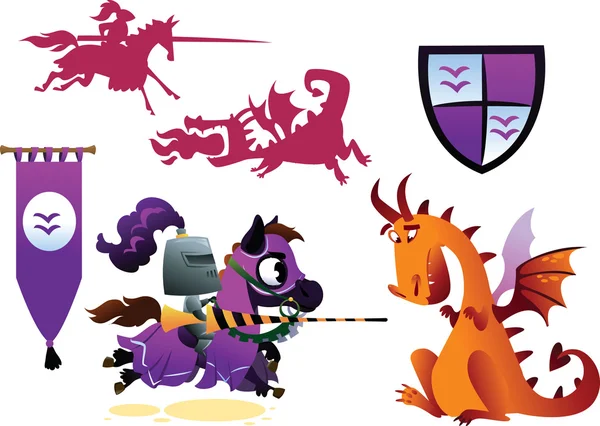 Funny Knight Riding a Horse and Cartoon Dragon — Stock Vector