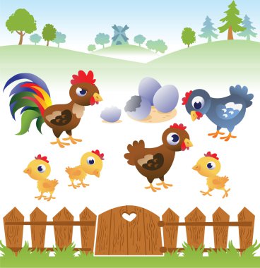 sevimli çizgi tavuk, horoz ve tavuk ile peyzaj. 