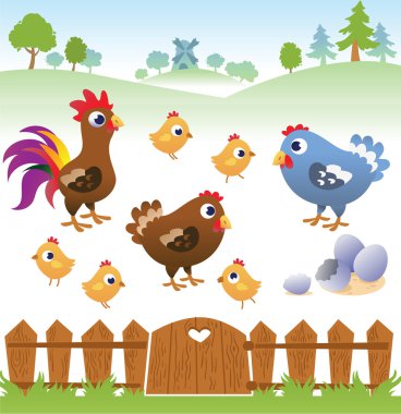 sevimli çizgi tavuk, horoz ve tavuk ile peyzaj. 