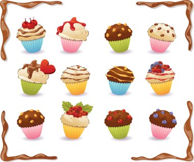 Karamel, çikolata, çilek ile cupcakes vektör. Chocolat