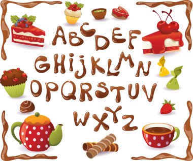 çikolata alfabesi ve tatlı gıda, beyaz arka plan üzerinde izole