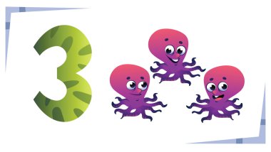 Collection number for kids: Sea animals - number 3, octopus. Vec