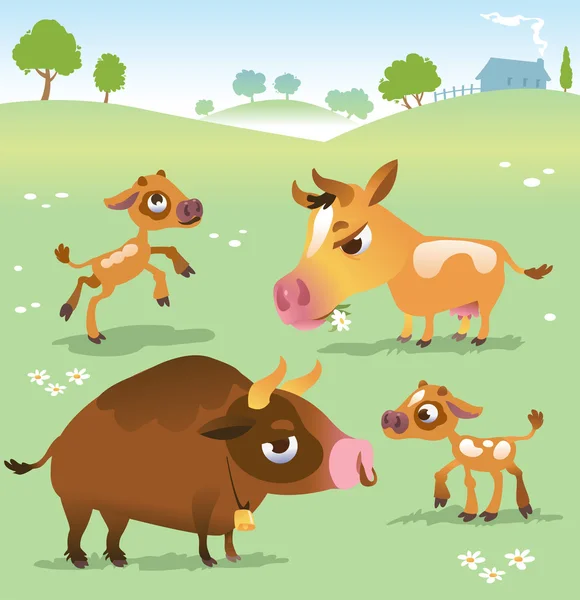 Cartoon cow set: mucche, toro e vitello . — Vettoriale Stock