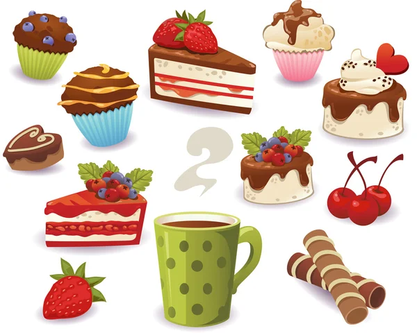 Set of cakes and other sweet food, isolated on white background — Stock Vector