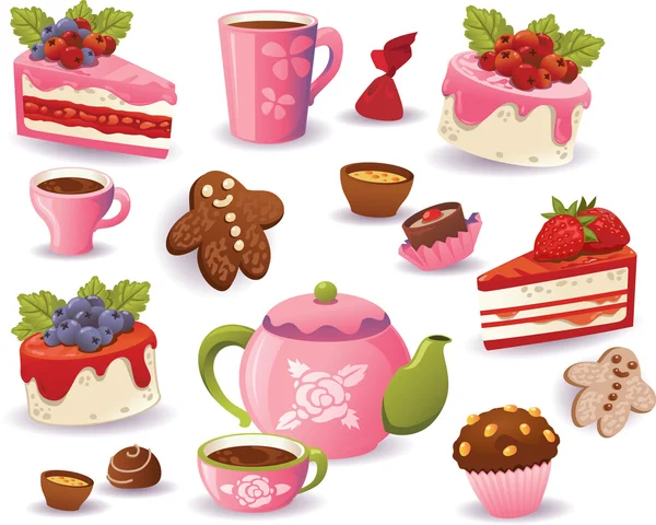 Set of tea, cakes and other sweet food, isolated on white backgr — Stock Vector