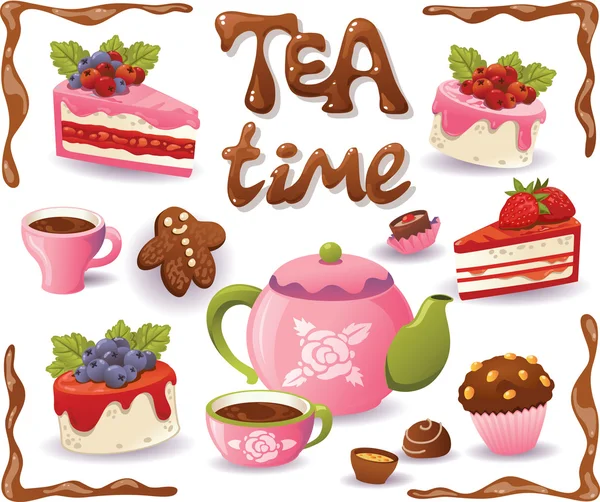 茶时间设置。蛋糕和其他甜的食物，孤立的白色背面 — 图库矢量图片