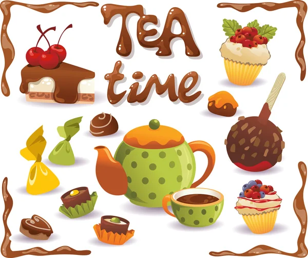Herbata czas zestaw. ciasta i inne słodkości, na białym tle na tył biały — Wektor stockowy