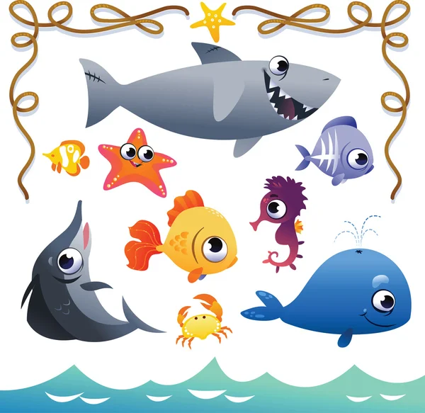 Vector Conjunto de lindos animales marinos y marco de cuerda . — Vector de stock