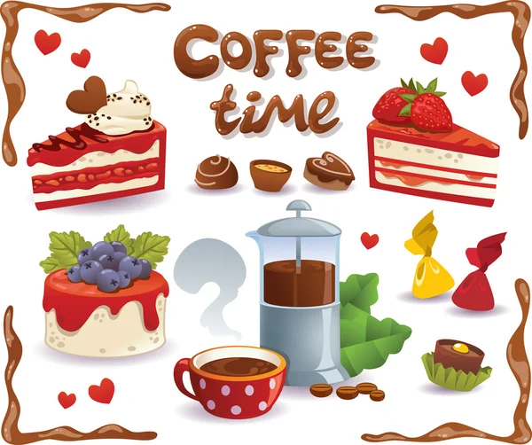 Kaffeezeit eingestellt. Kuchen und andere süße Speisen, isoliert auf weißem b — Stockvektor