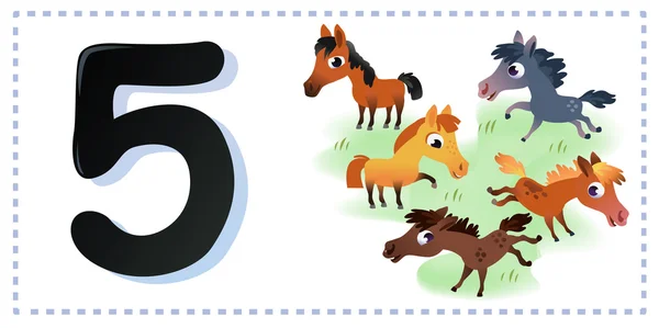 Collection number for kids: farm animals - number five, horses. — Stock Vector