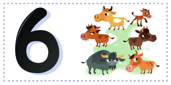 Collection number for kids: farm animals - number six, cow. Vect — 图库矢量图片