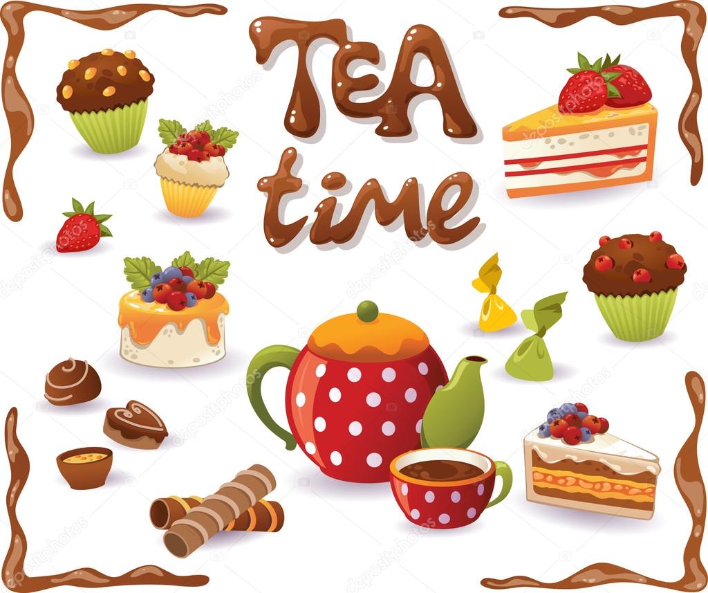 Tea Time set. Cakes and other sweet food, isolated on white back