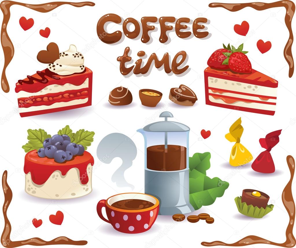 Coffee Time set. Cakes and other sweet food, isolated on white b